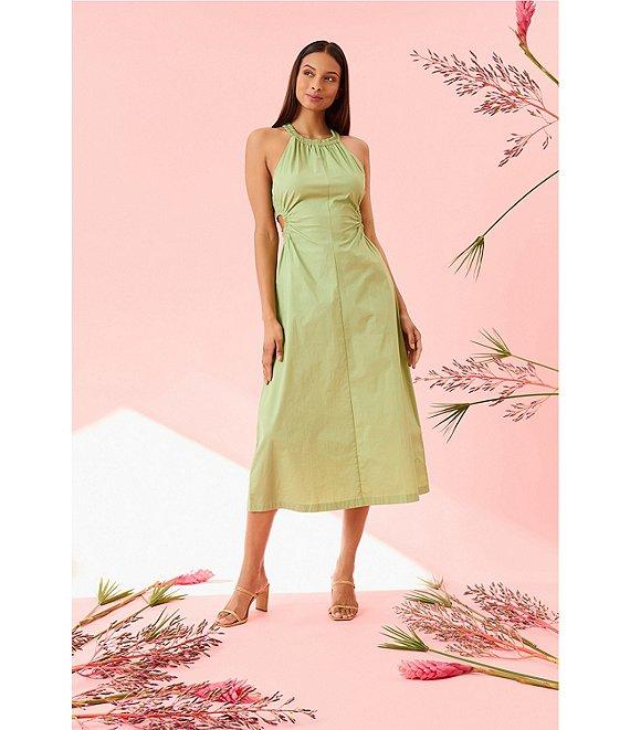 Donna Morgan Halter Neck Sleeveless Side Cut Out Cotton Poplin Midi Dress Product Image
