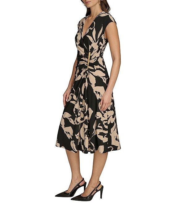 Donna Karan Jersey V-Neck Sleeveless Ruched Gold Broach Midi Sheath Dress Product Image
