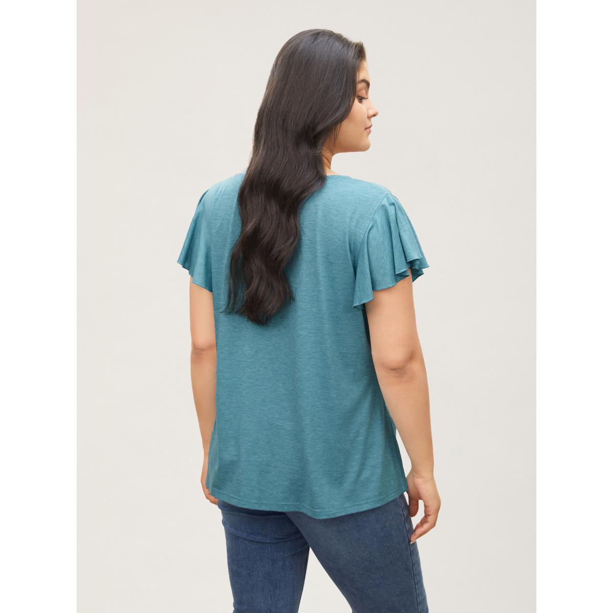 Plus Size Solid Heather Gathered Ruffle Sleeve T-shirt Cerulean Women Timeless Non V-neck Elegant T-shirts BloomChic 10/M Product Image
