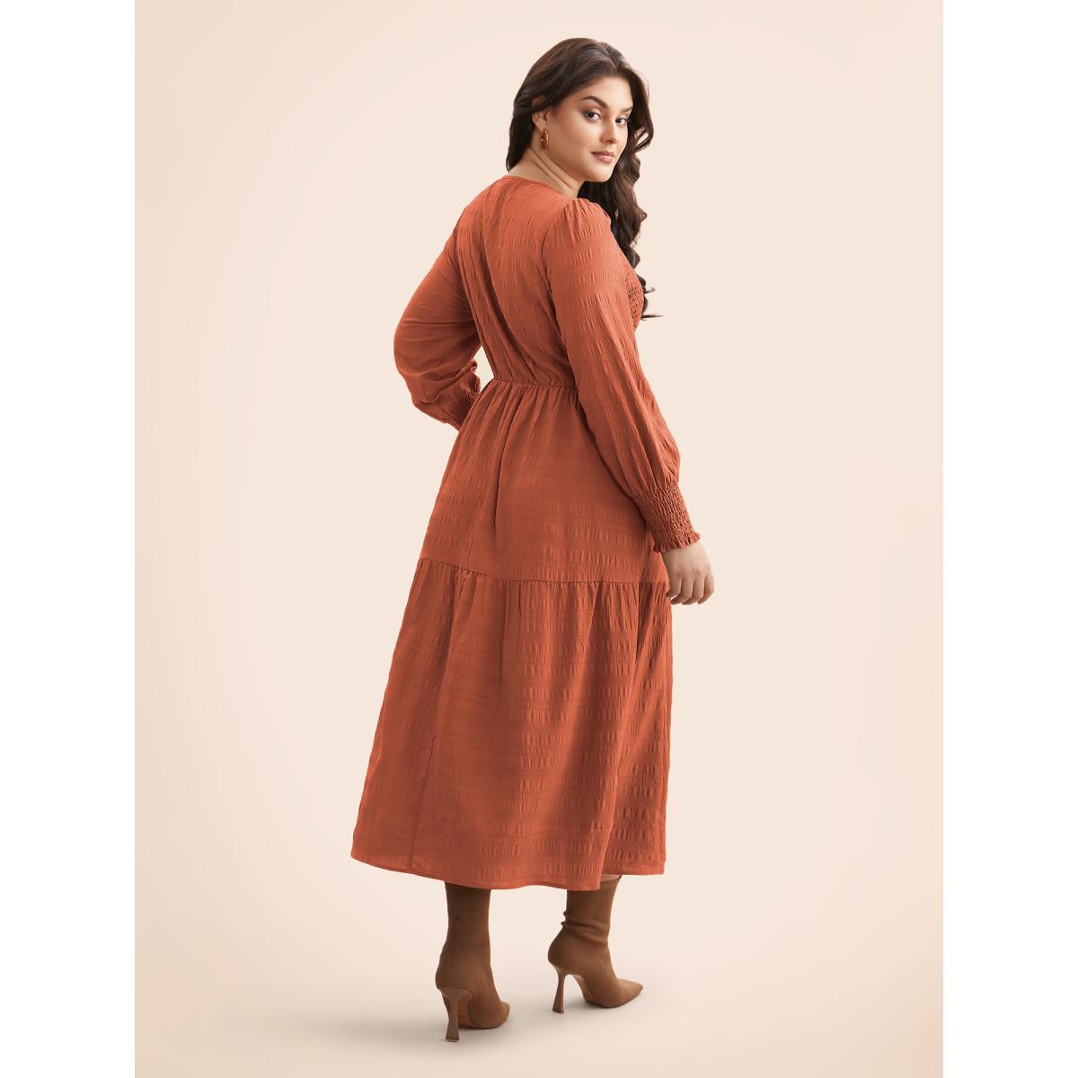 Plus Size Plain Textured Shirred Midi Dress Rust Women Elegant Texture Round Neck Long Sleeve Curvy BloomChic 14-16/1X Product Image