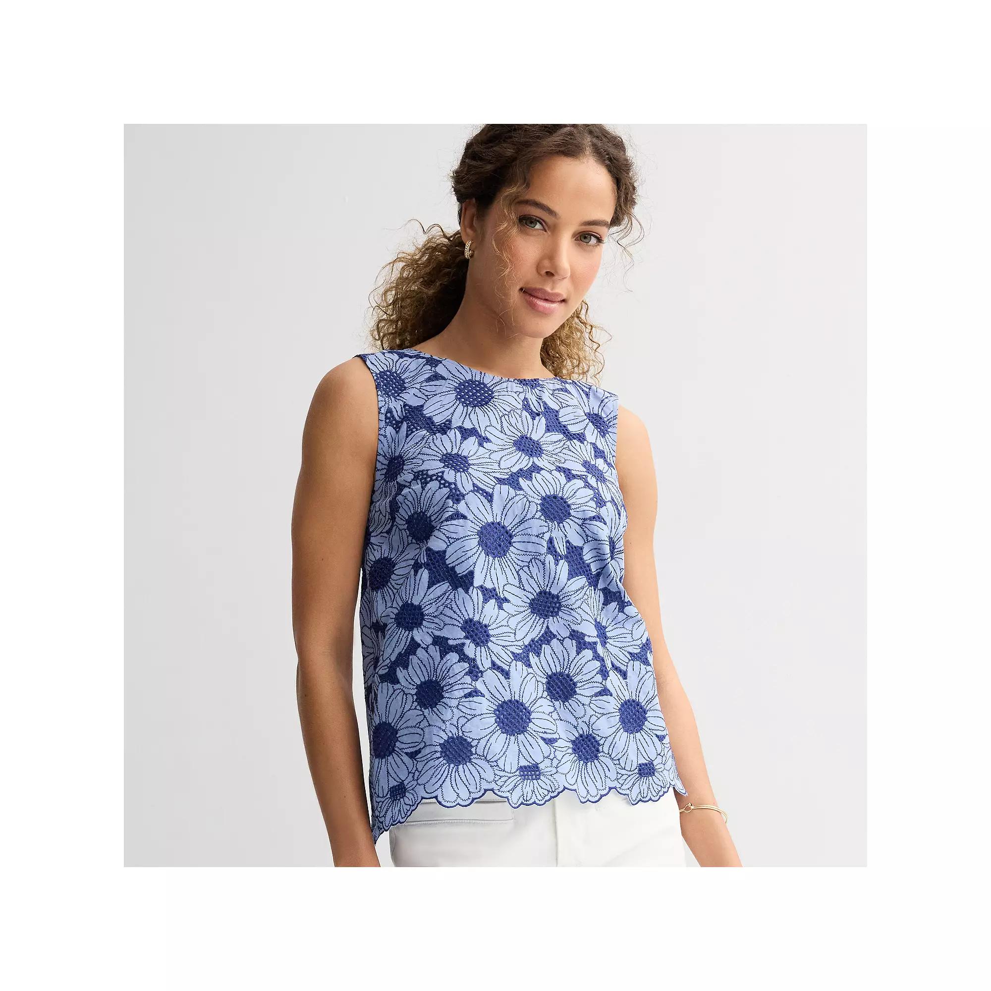 Womens Draper James Embroidered Eyelet Floral Sleeveless Top Blue Floral Product Image