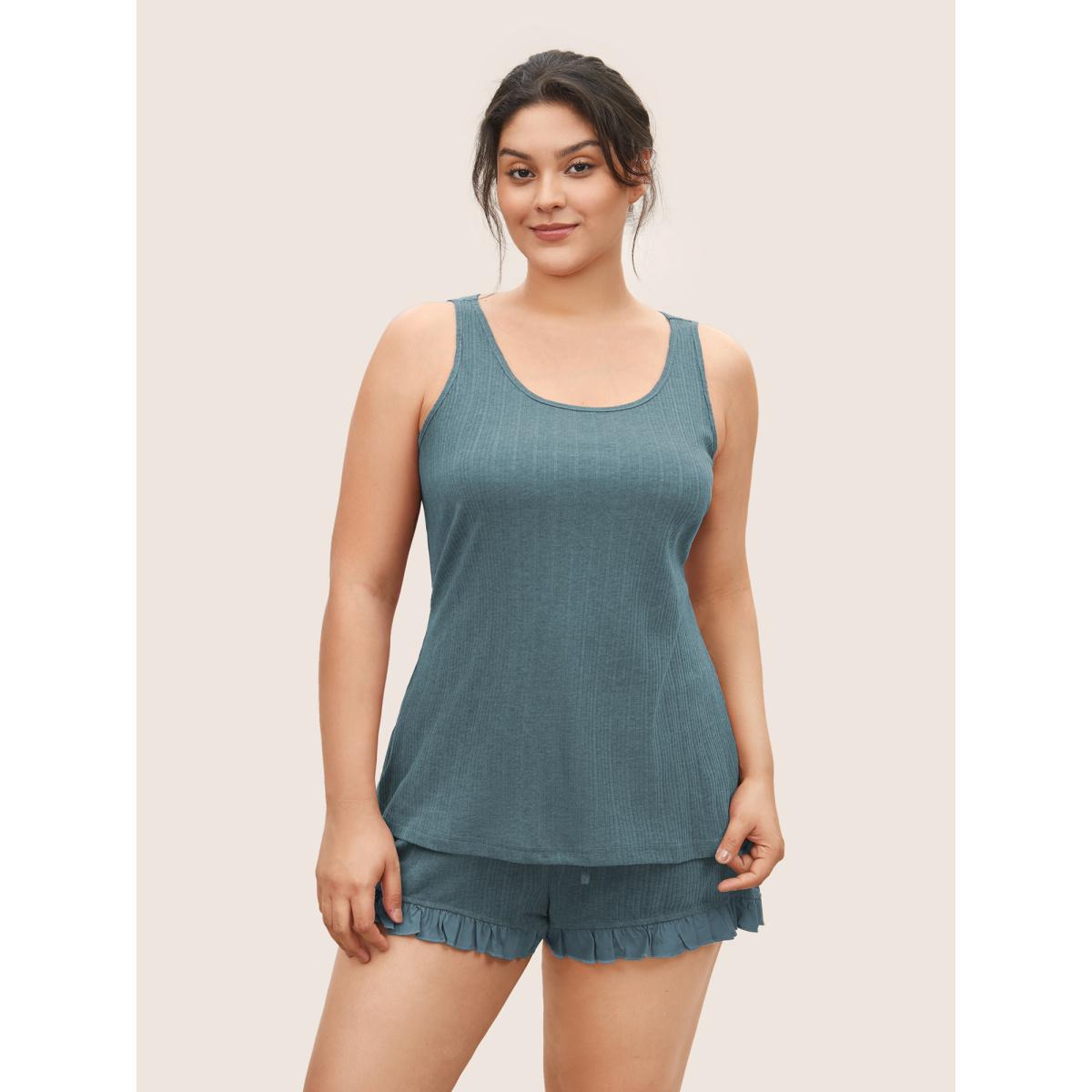 Plus Size Texture Patchwork Ruffles Drawstring Loungewear Set Women Teal Texture Sleeveless Non Lounge Loungewear Sets BloomChic 28/5X Product Image