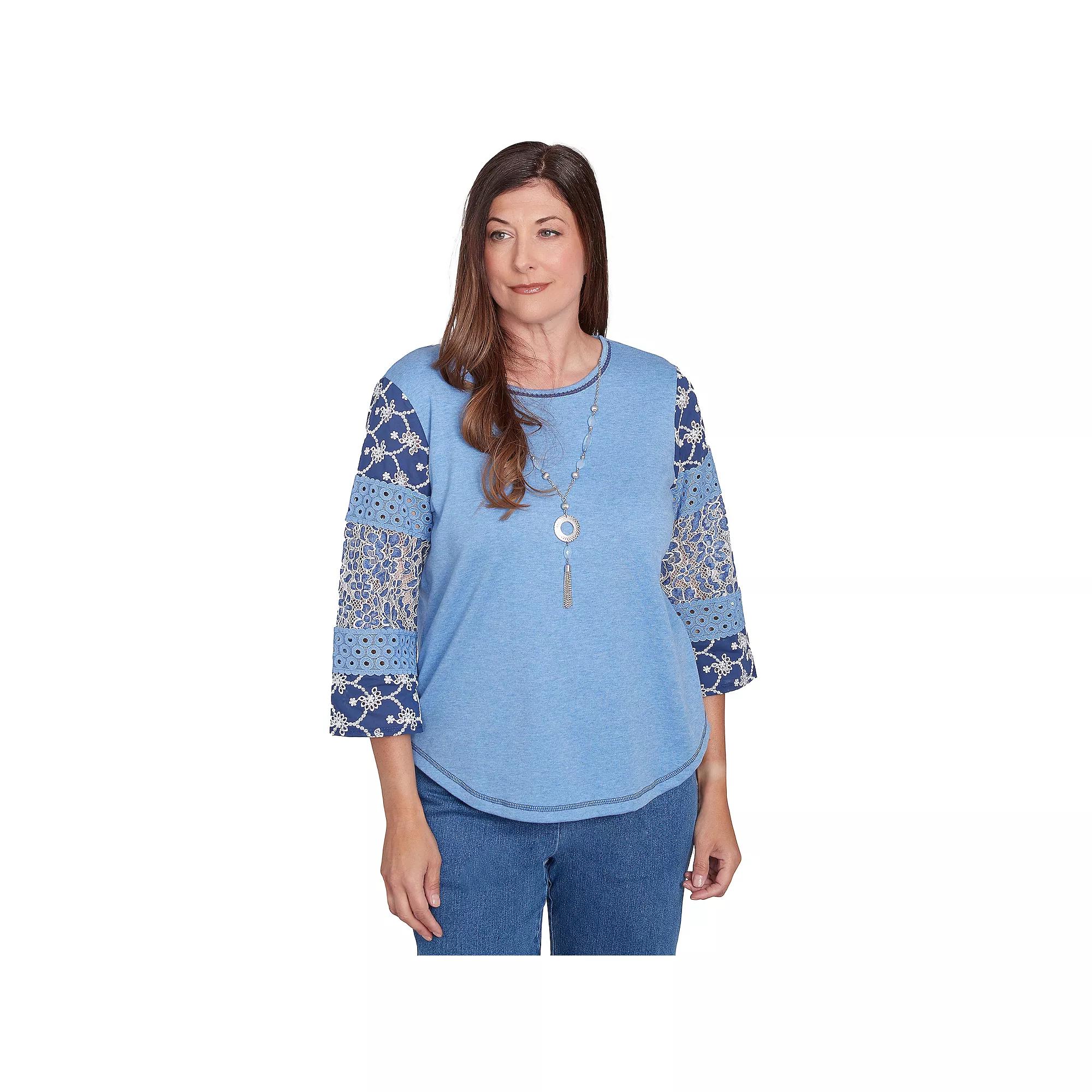Women's Alfred Dunner Patchwork Sleeve Knit Top with Necklace, Size: Large, Blue Product Image