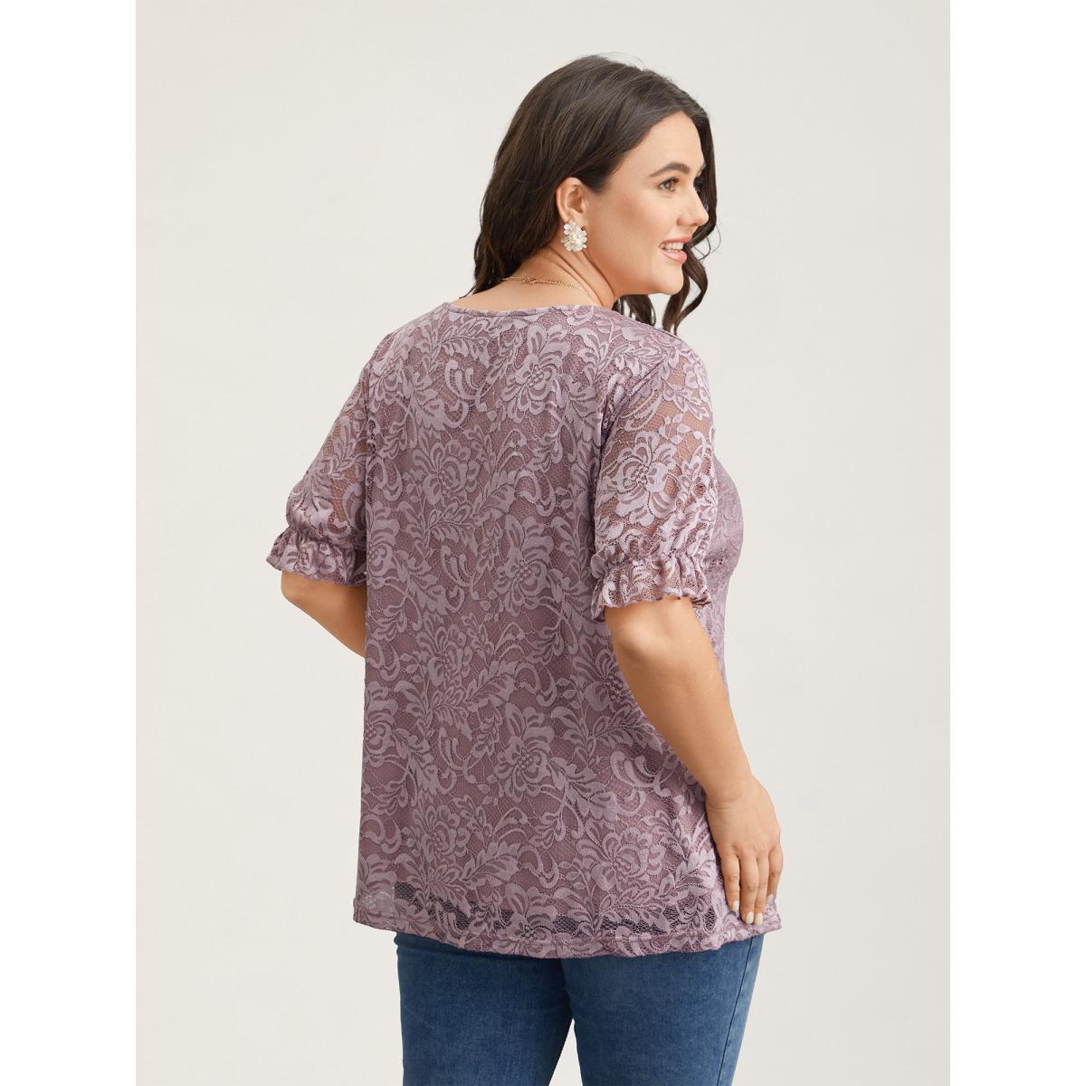 Plus Size Heather Lace Ruffled Puff Sleeve Shirt Women Elegant Short sleeve Notched collar Everyday Blouses BloomChic 10/M Product Image