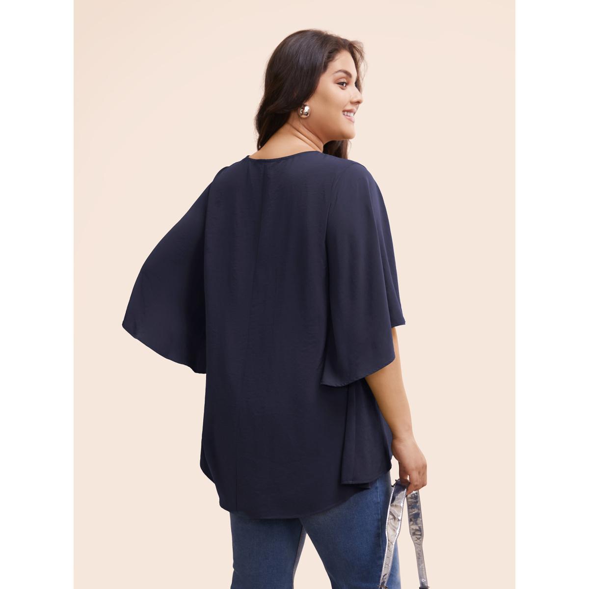 Plus Size Indigo Plain Mesh Flutter Sleeve Hanky Hem Blouse Women Office Elbow-length sleeve Round Neck Dailywear Blouses BloomChic 30/6X Product Image