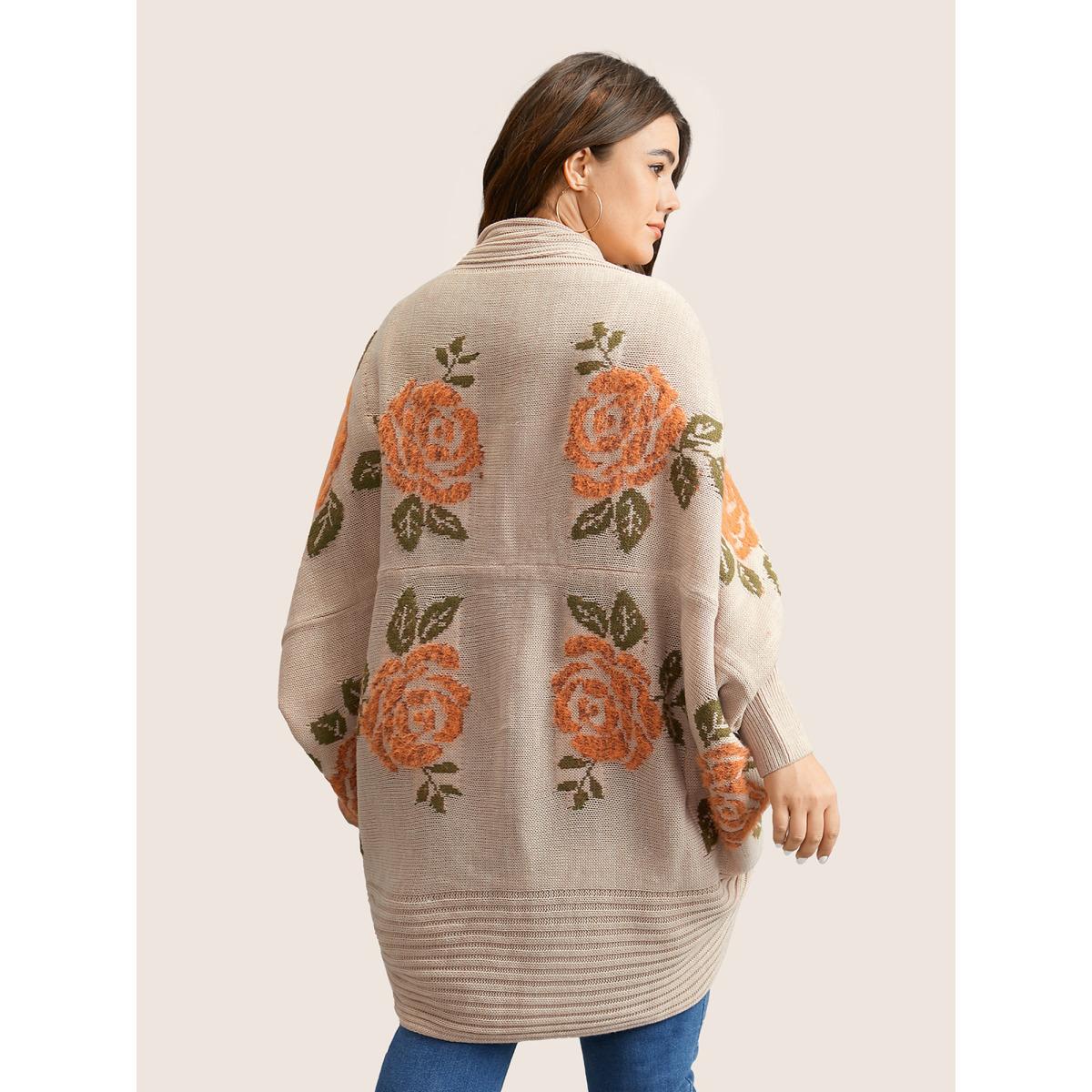 Plus Size Floral Jacquard Batwing Sleeve Open Front Cardigan Apricot Women Elegant Long Sleeve Everyday Cardigans BloomChic 14-16/1X Product Image