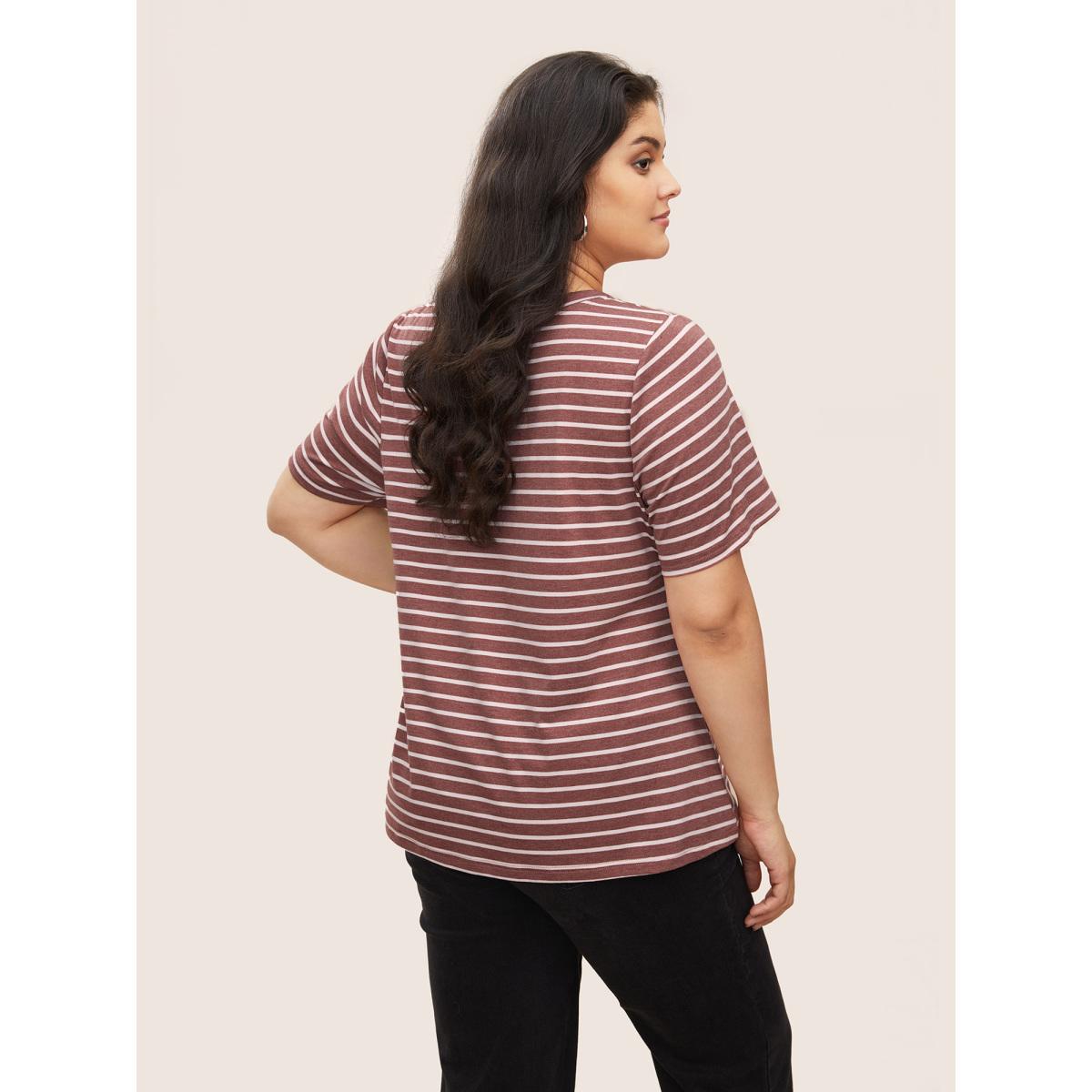 Plus Size Striped V Neck Patch Pocket T-shirt Russet Women Casual Contrast V-neck Everyday T-shirts BloomChic 14-16/1X Product Image