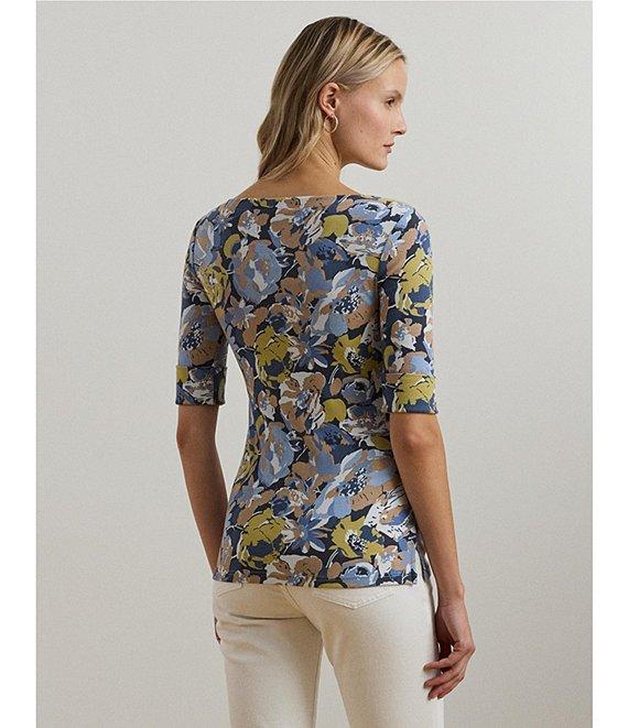 Lauren Ralph Lauren Stretch Cotton Floral Boatneck Elbow-Length Sleeve T-Shirt Product Image