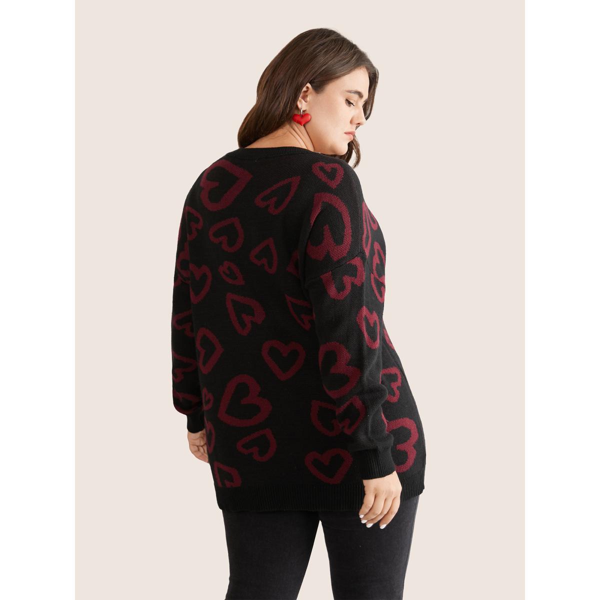 Plus Size Heart Jacquard Contrast Drop Shoulder Pullover Black Women Casual Loose Long Sleeve V-neck Dailywear Pullovers BloomChic 10/M Product Image
