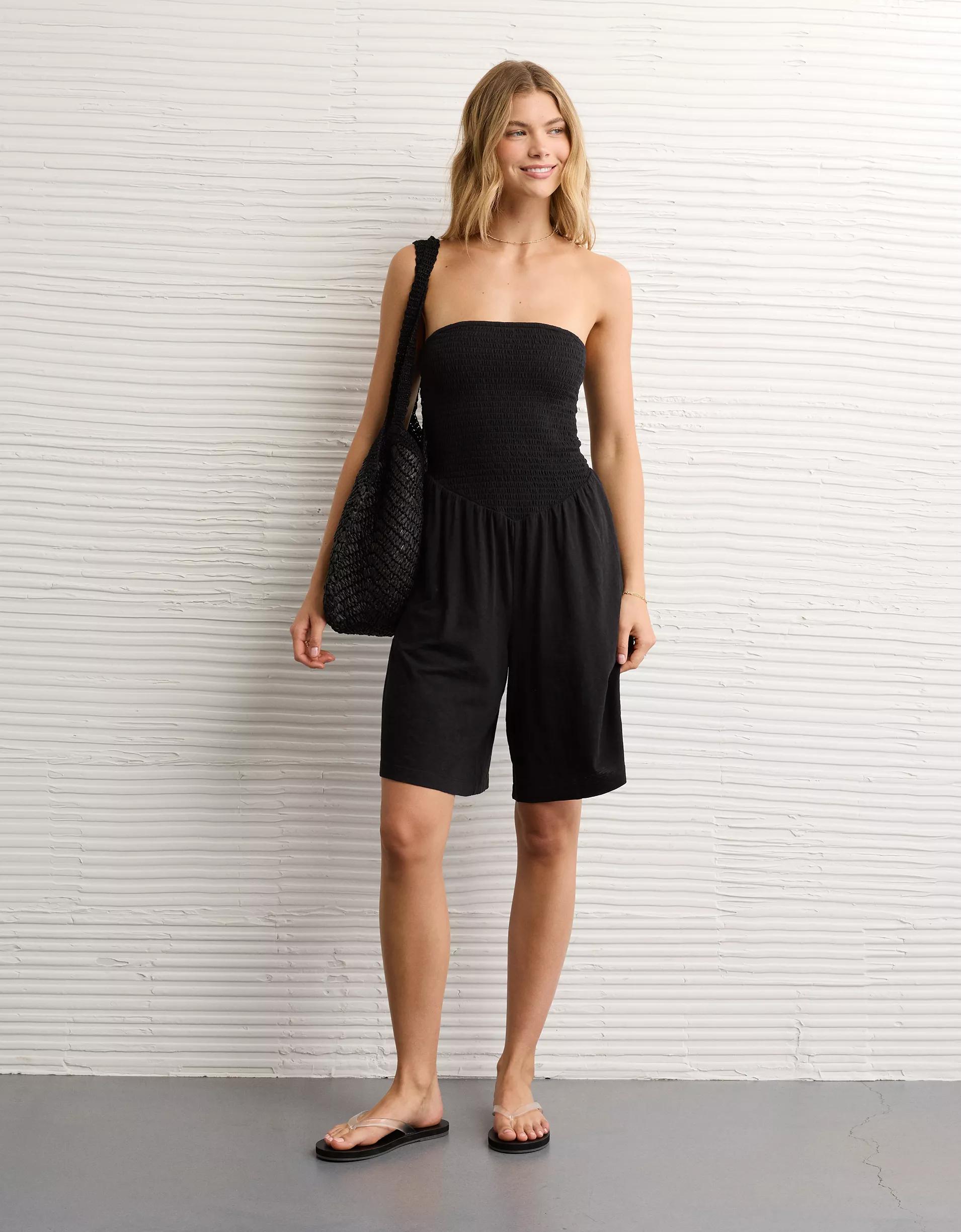 AE Strapless Smocked V-Waist Romper Product Image