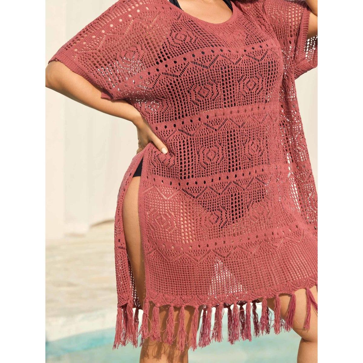 Plus Size Crochet Slit Tassels Swim Cover-Up Women's Swimwear Rust Beach Loose Texture Curve Swim Cover Ups BloomChic 18-20/2X Product Image