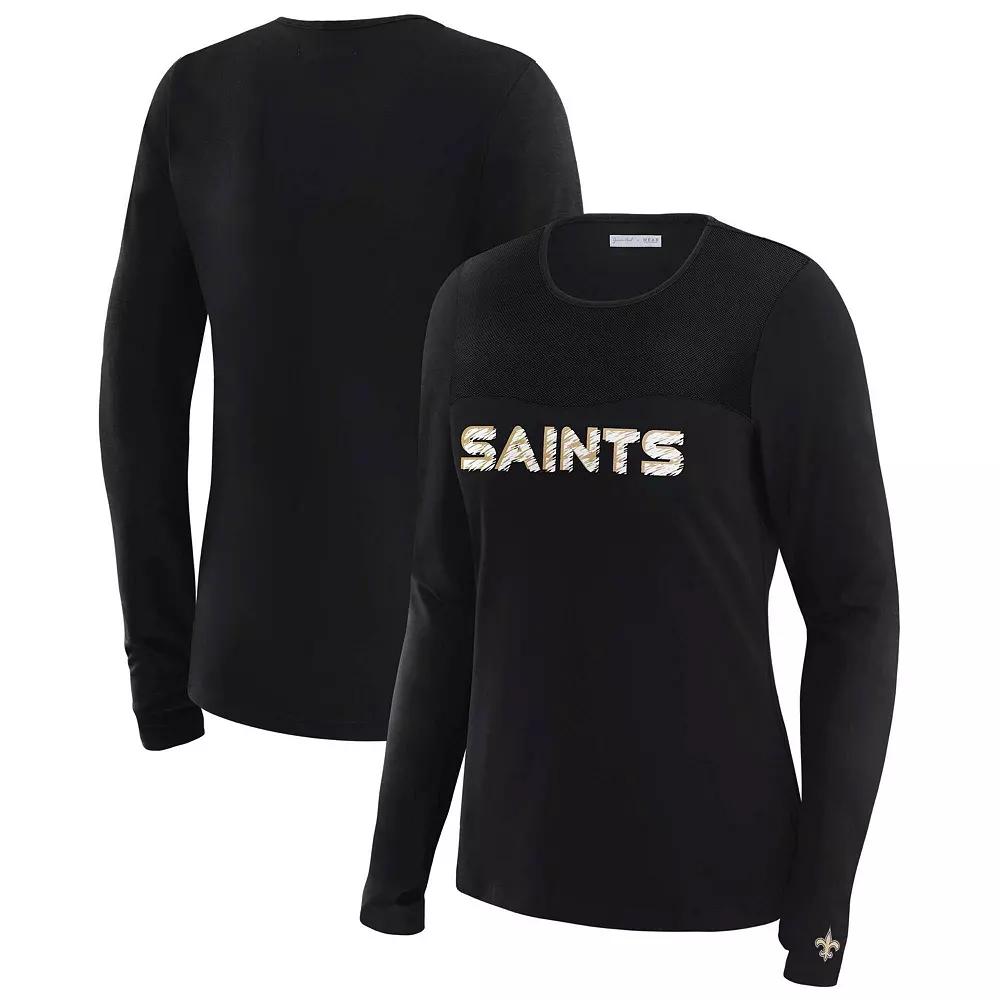 Women's WEAR by Erin Andrews x Gracie Hunt Black Denver Broncos Mesh Panel Long Sleeve T-Shirt,  Product Image