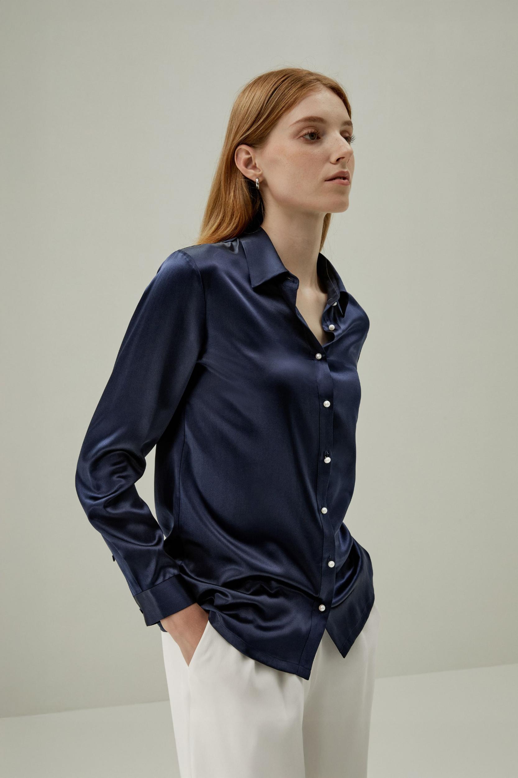 Classic Pearl Button Silk Shirt Product Image