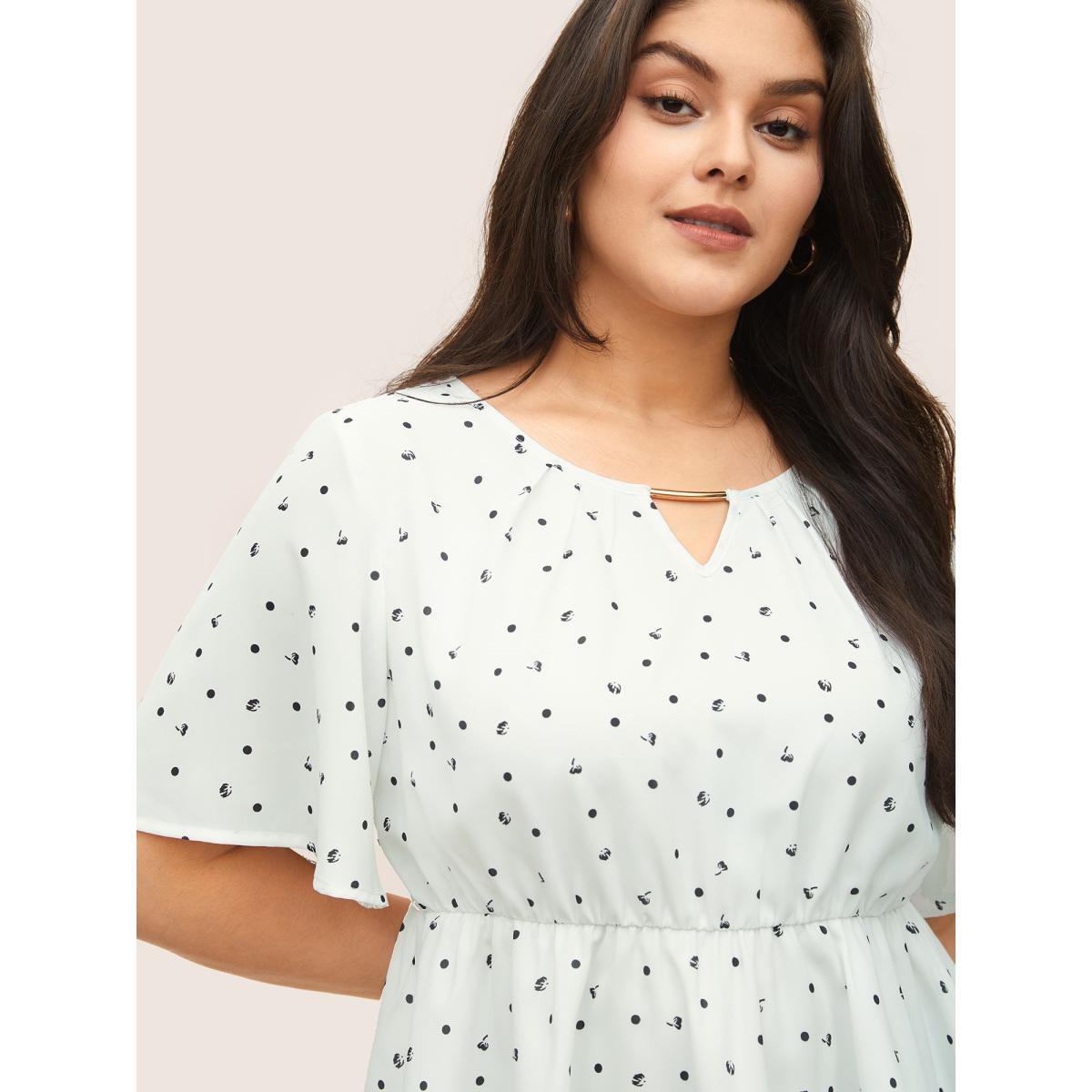 Plus Size White Keyhole Polka Dot Style Accents Ruffle Sleeve Blouse Women Elegant Short sleeve Round Neck Everyday Blouses BloomChic 10/M Product Image