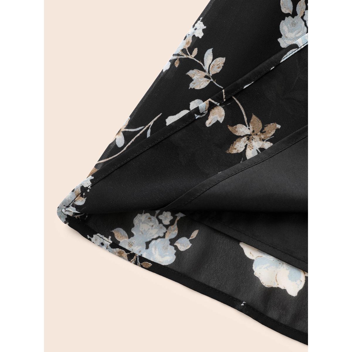 Plus Size Black Floral Chiffon Shirred Lantern Sleeve Blouse Women Elegant Long Sleeve V-neck Everyday Blouses BloomChic 30/6X Product Image