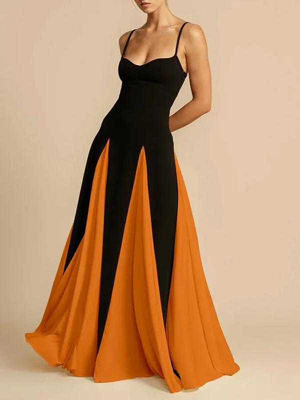 A-Line Sleeveless Contrast Color Pleated Split-Joint Spaghetti-Neck Evening Dresses Maxi Dresses Product Image