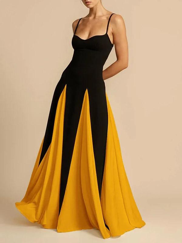 A-Line Sleeveless Contrast Color Pleated Split-Joint Spaghetti-Neck Evening Dresses Maxi Dresses Product Image