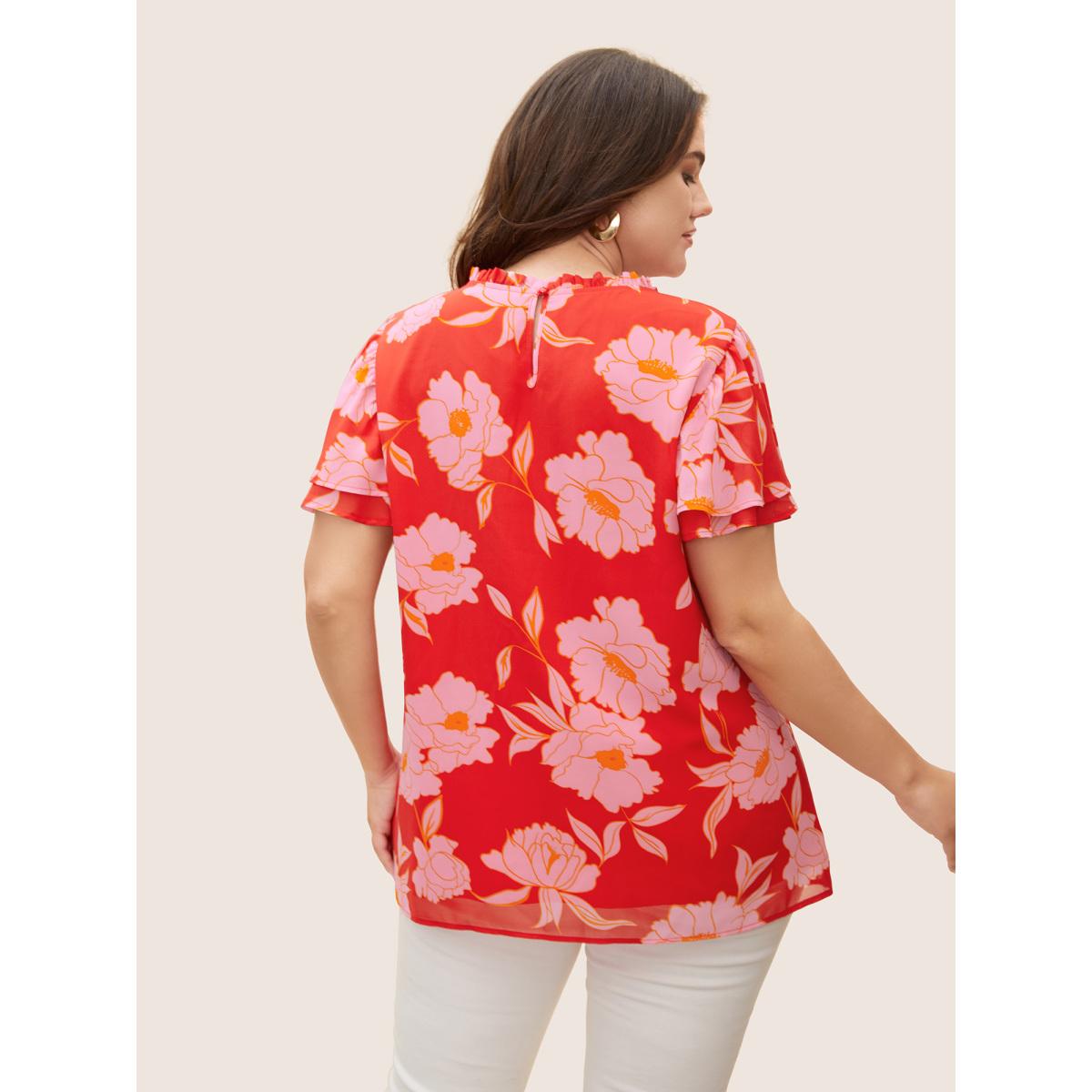 Plus Size Brightred Floral Stand Collar Pleated Tiered Ruffles Blouse Women Elegant Short sleeve Stand-up collar Everyday Blouses BloomChic 12/L Product Image