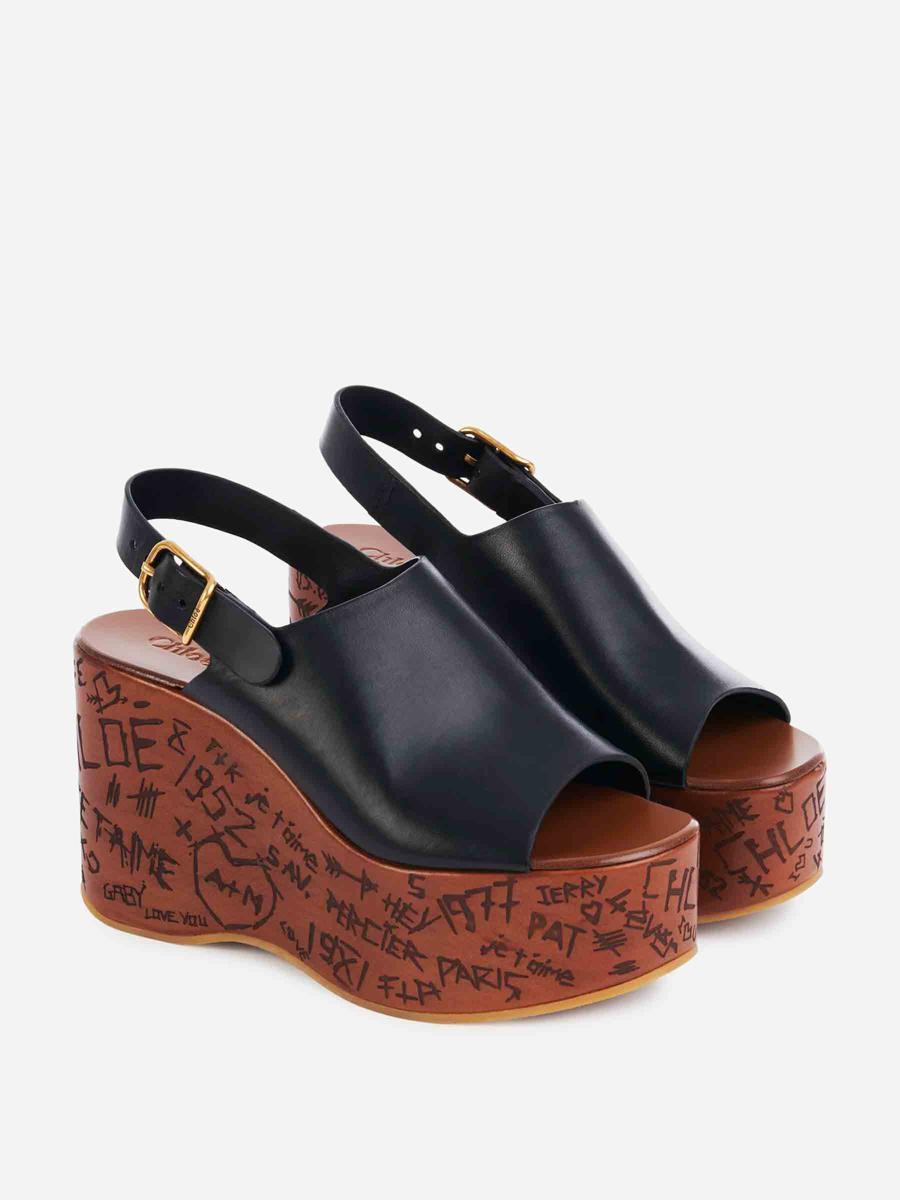 CHLOÉ Maxime Leather Slingback Platform Wedge Sandals In Black Product Image