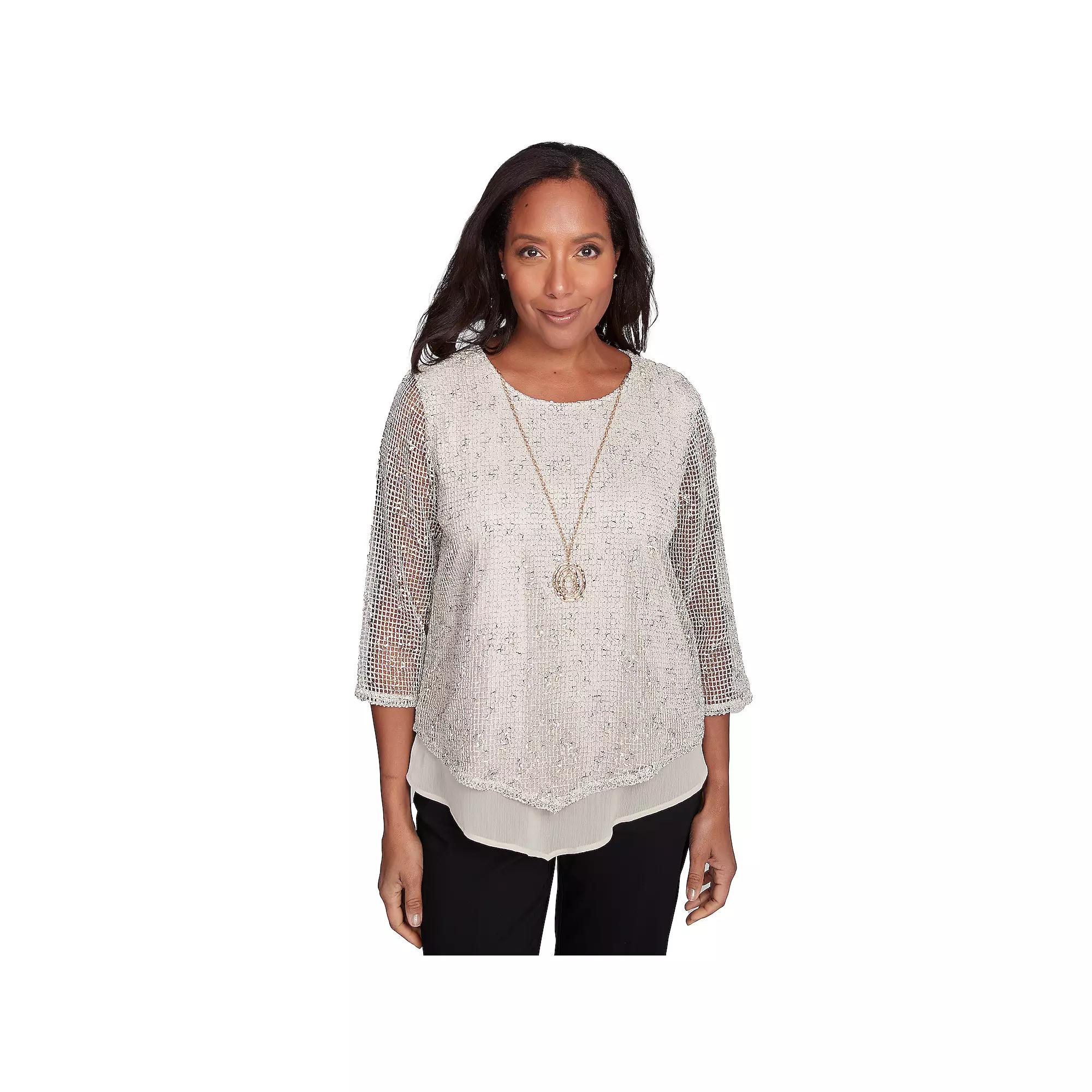 Alfred Dunner Petite Popcorn Mesh Speckled Top with Necklace, Women's, Size: XL Product Image