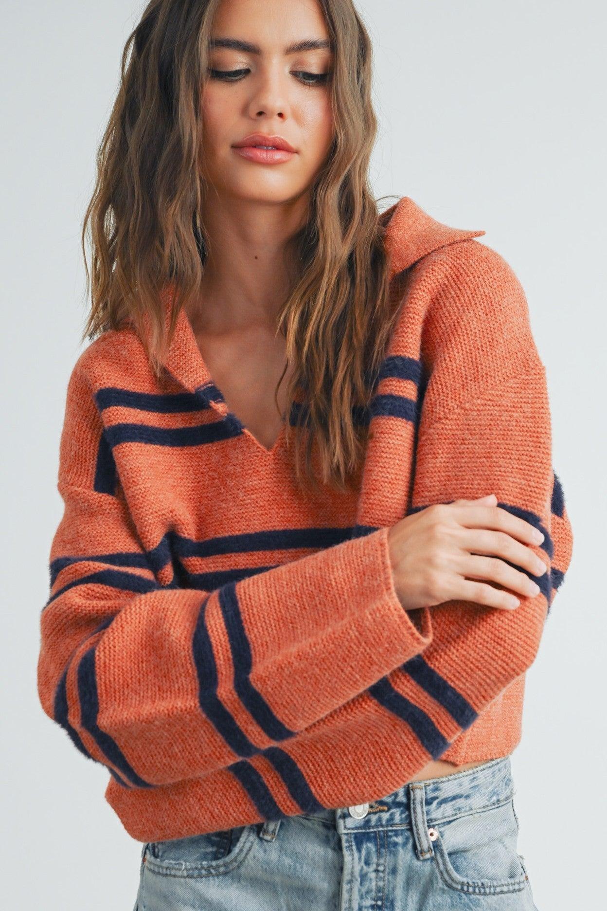 Stripe Cozy Collared Crop Sweater Product Image