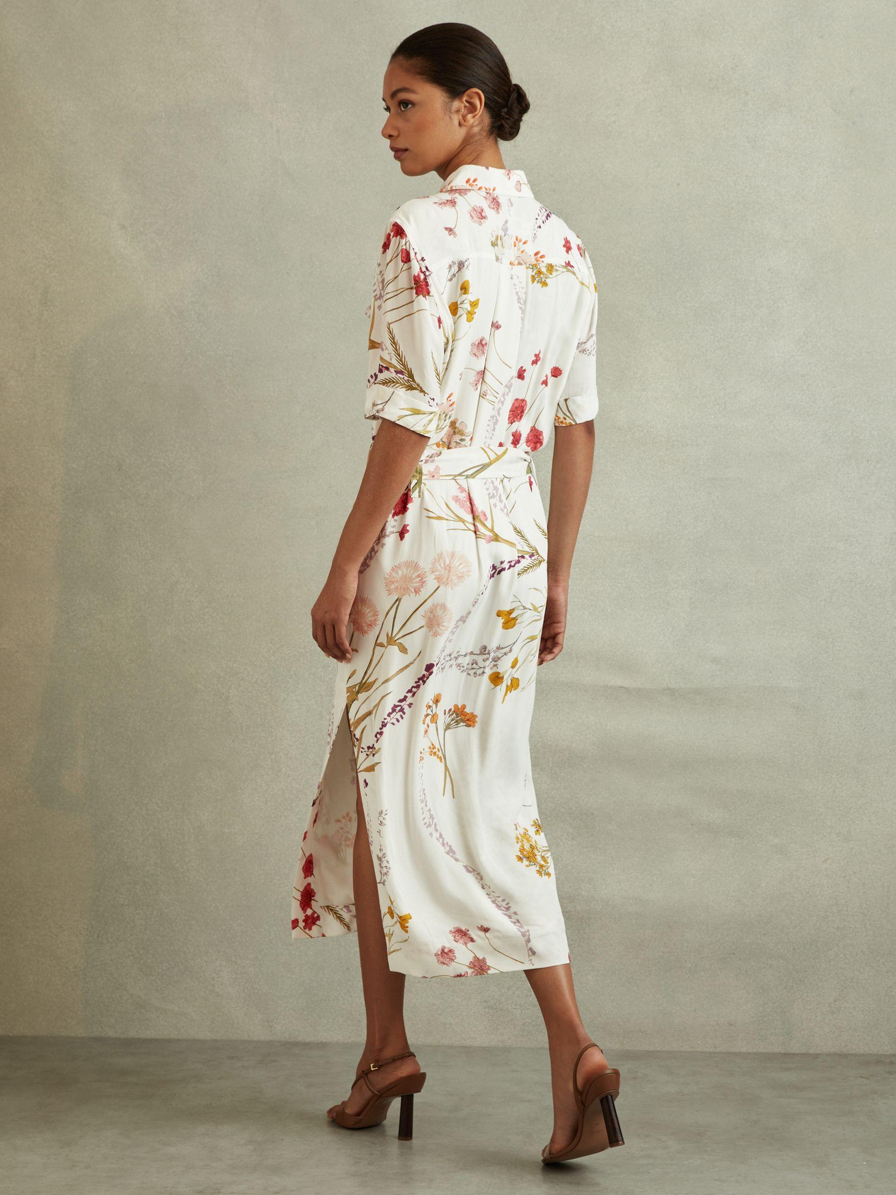 Floral Print Belted Midi Dress in Ivory/Orange Product Image