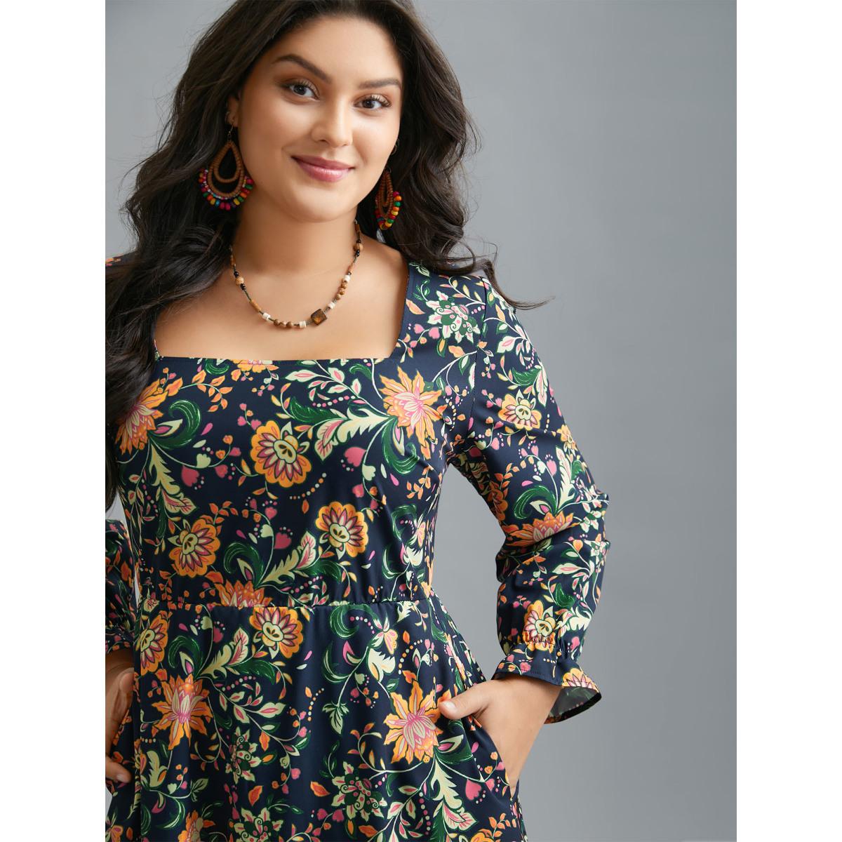 Plus Size Square Neck Floral Boho Print Midi Dress Black Women Resort Ruffles Square Neck Long Sleeve Curvy BloomChic 10/M Product Image
