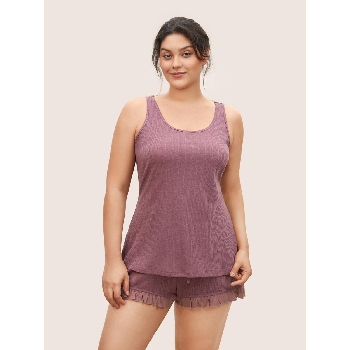 Plus Size Texture Patchwork Ruffles Drawstring Loungewear Set Women DustyPink Texture Sleeveless Non Leisure Loungewear Sets BloomChic 22-24/3X Product Image