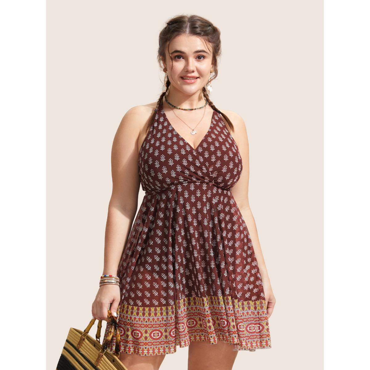 Plus Size Overlap Collar Boho Print Patchwork Swim Dress Women's Swimwear Deepred Beach Bodycon Overlap Collar High stretch Curve Swim Dresses BloomChic 28/5X Product Image