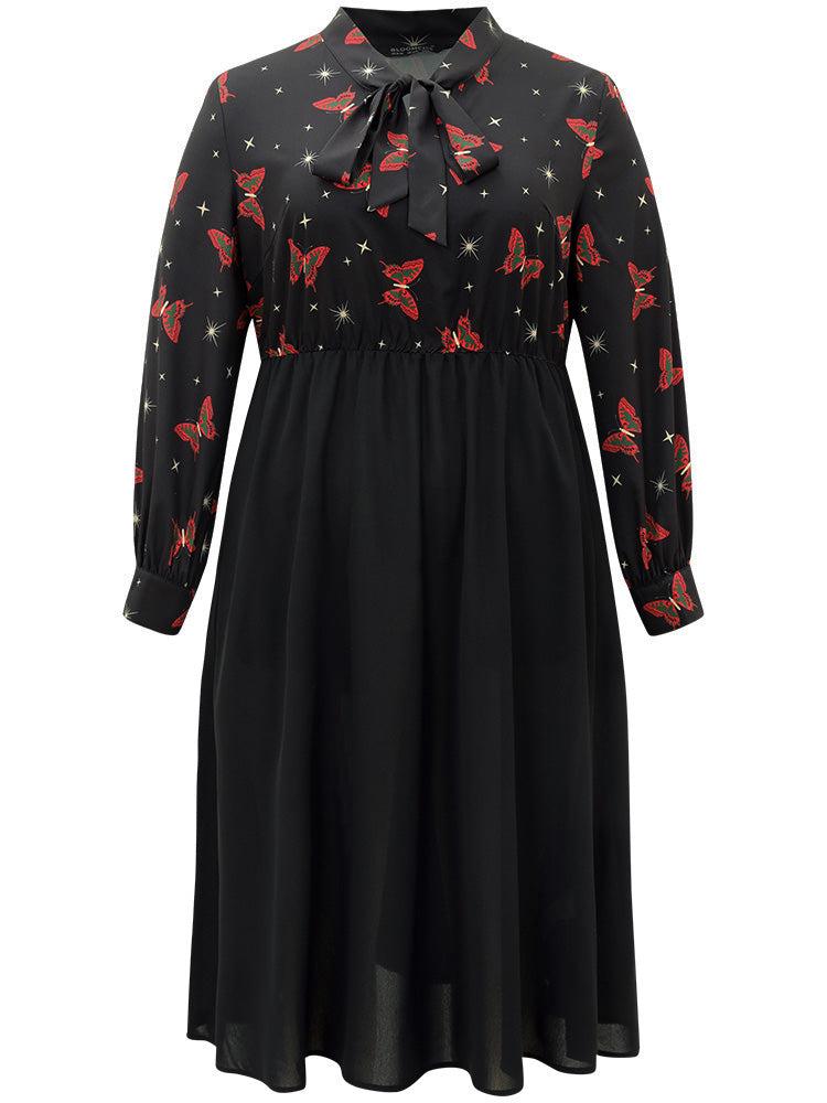 Christmas Butterfly Patchwork Tie Neck Dress Female Product Image