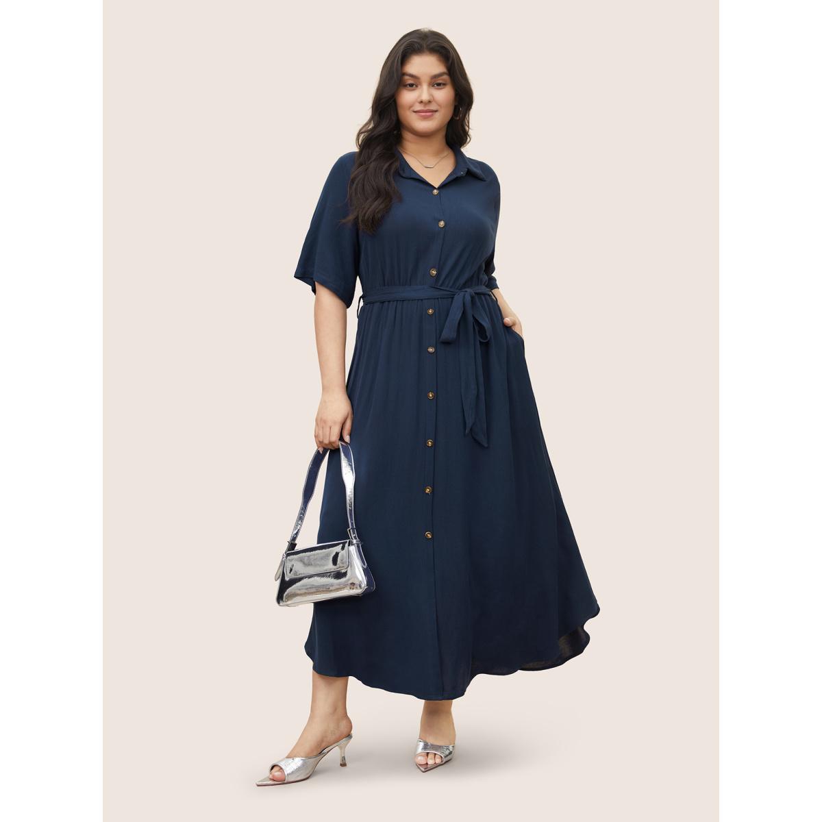 Belted Shirt Collar Button Plus Size Shirtdress Women Workleisure Plain Sleeve Short Sleeve Shirt Collar Pocket Workwear Long Dress BloomChic Product Image