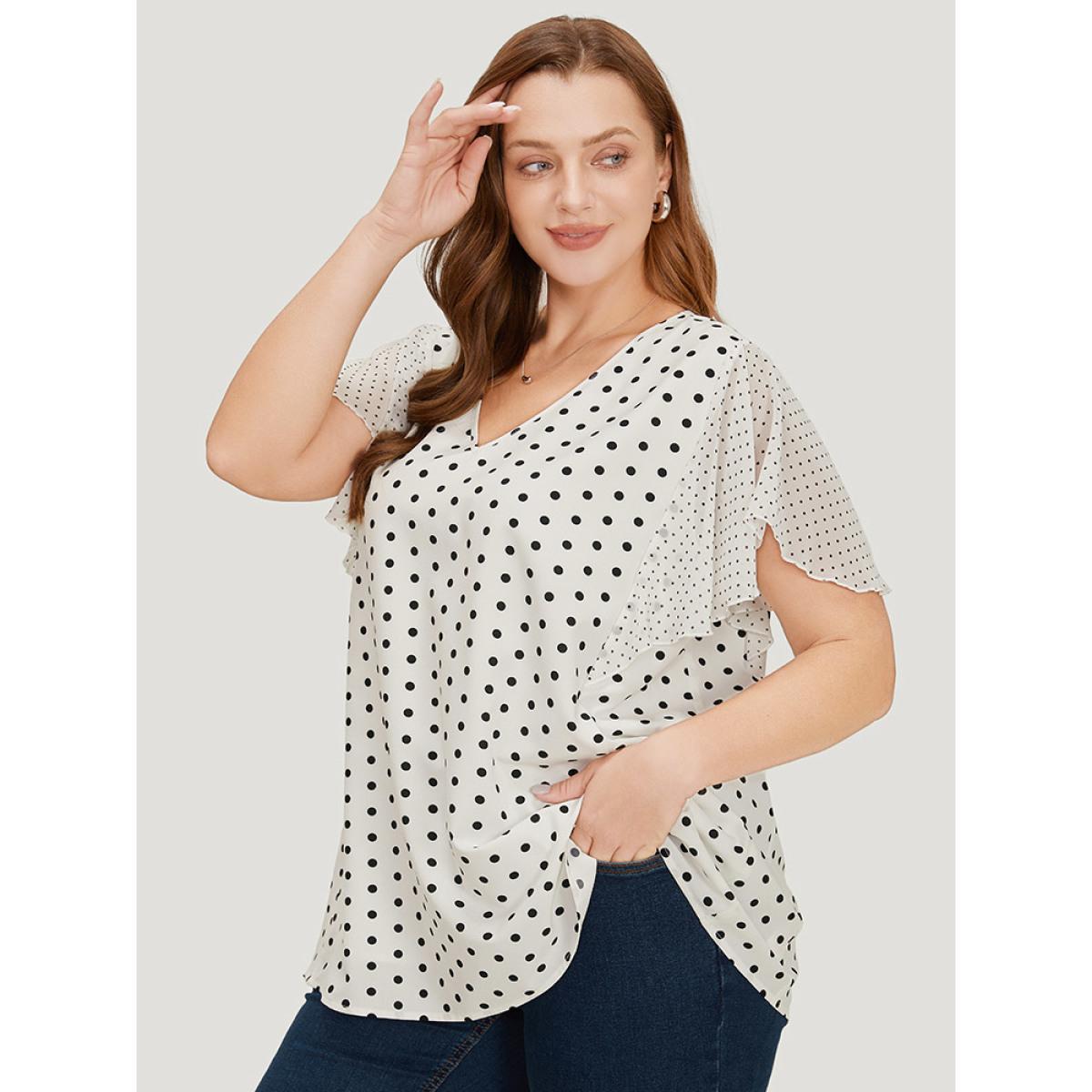 Plus Size White Polka Dot Patchwork Mesh Flutter Sleeve Blouse Women Office Short sleeve V-neck Office Blouses BloomChic 18-20/2X Product Image