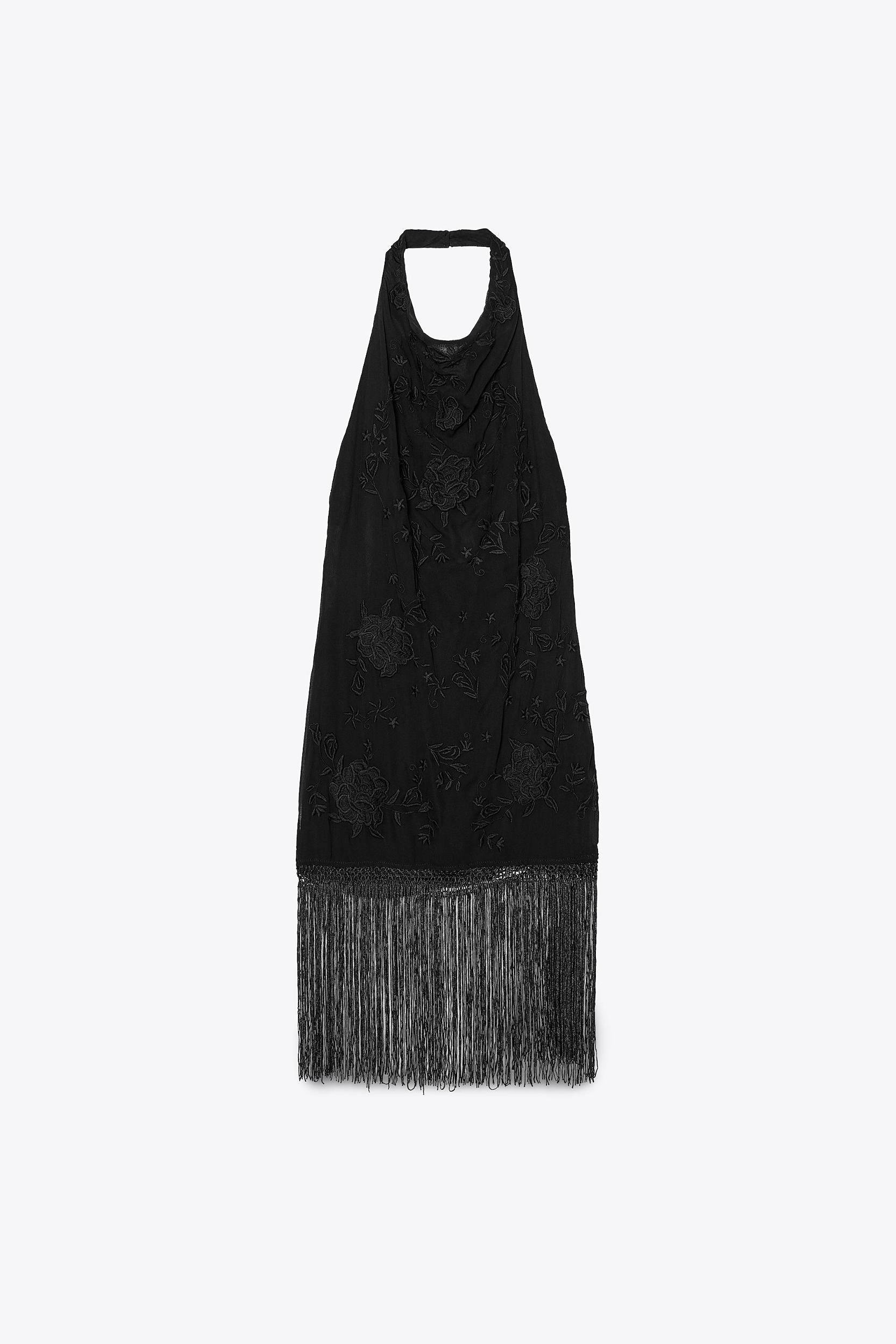 HALTER DRESS WITH EMBROIDERY AND FRINGE Product Image