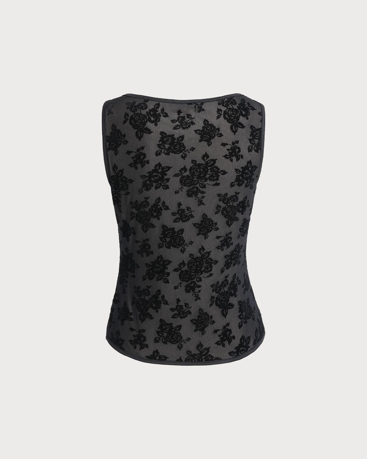 Black Floral Boat Neck Tank Top Product Image
