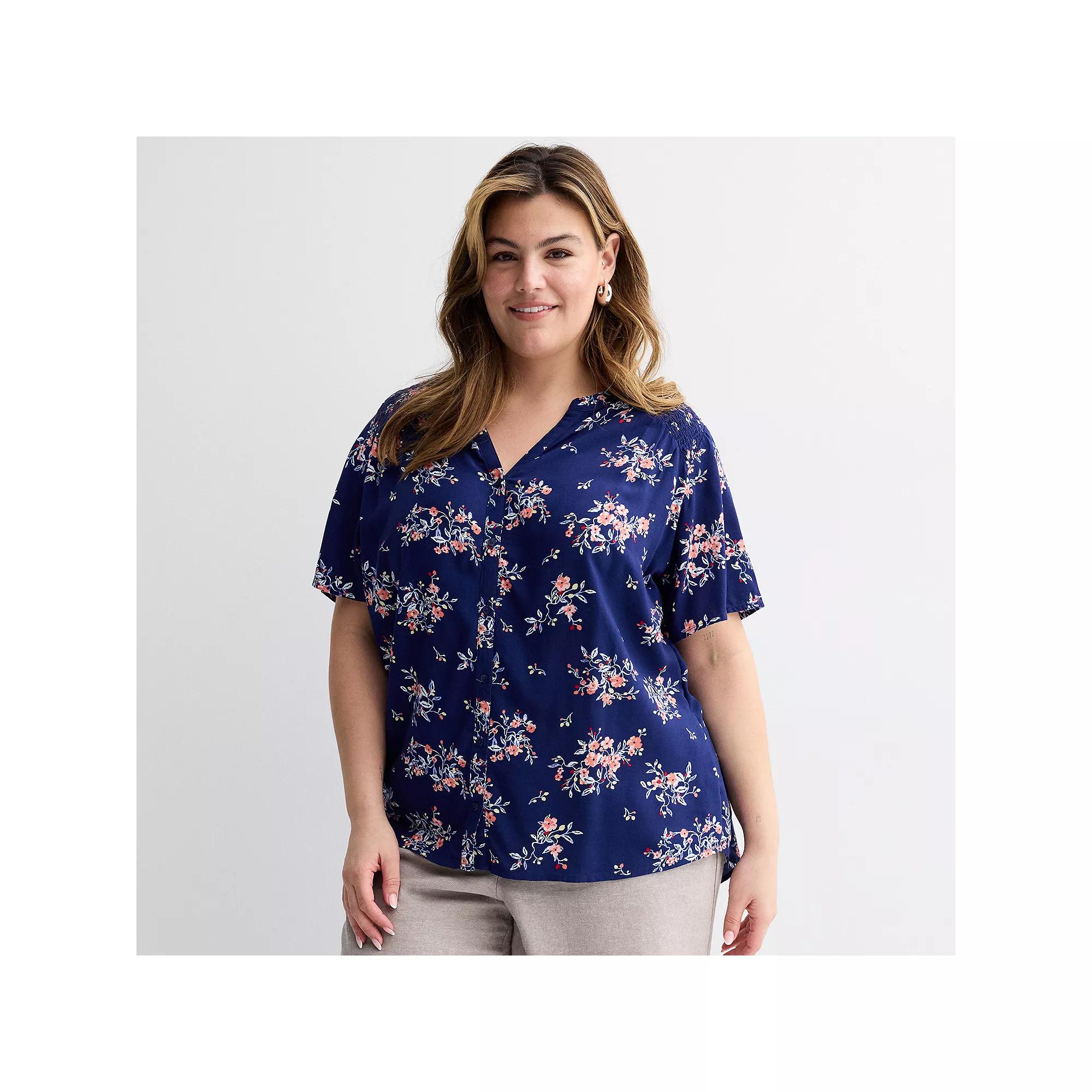 Plus Size Croft & Barrow® Short Sleeve Femme Blouse, Women's, Size: 3XL, Navy Pink Floral Product Image