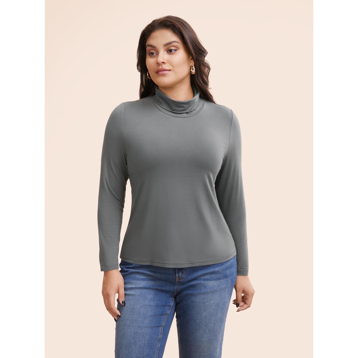 Plus Size Mock Neck High Stretch Basic T-shirt DimGray Women Elegant Non Ruffled collar Skinny Everyday T-shirts BloomChic 18-20/2X Product Image