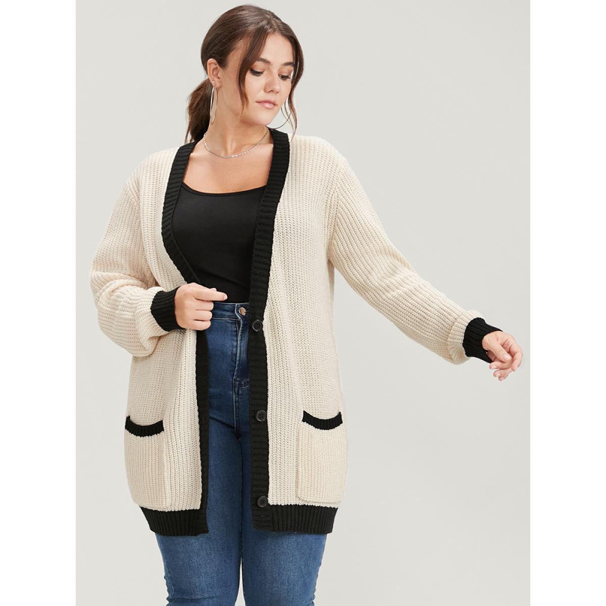 Plus Size Contrast Trim Pointelle Knit Pocket Button Front Cardigan Beige Women Elegant Loose Long Sleeve Dailywear Cardigans BloomChic 14-16/1X Product Image
