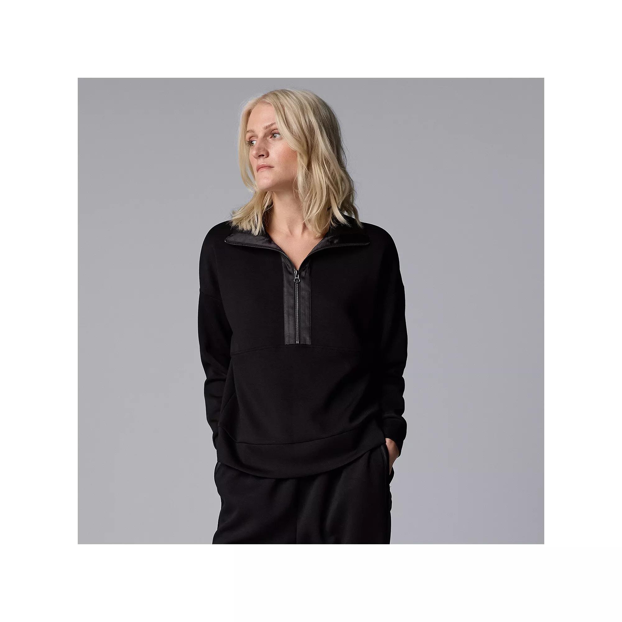 Women's Simply Vera Vera Wang Satin Trim Scuba Half-Zip Pullover, Size: Large, Black Product Image