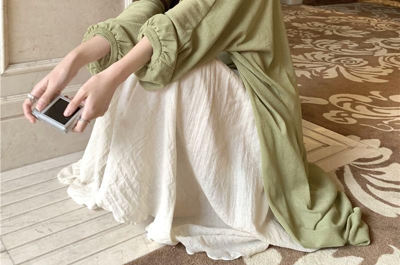 Plain Ruched Camisole Top / Midi Open Front Cardigan / High Rise Plain Maxi A-Line Skirt Product Image