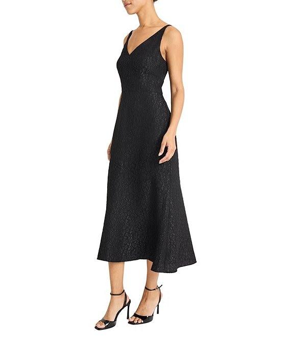 Maggy London V-neck Sleeveless Empire Waist Sheath Jacquard Midi Dress Product Image