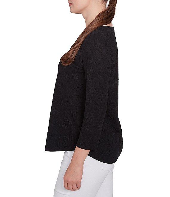 Ruby Rd. Solid Paisley Floral Textured Knit Double Bar Detail Top Product Image