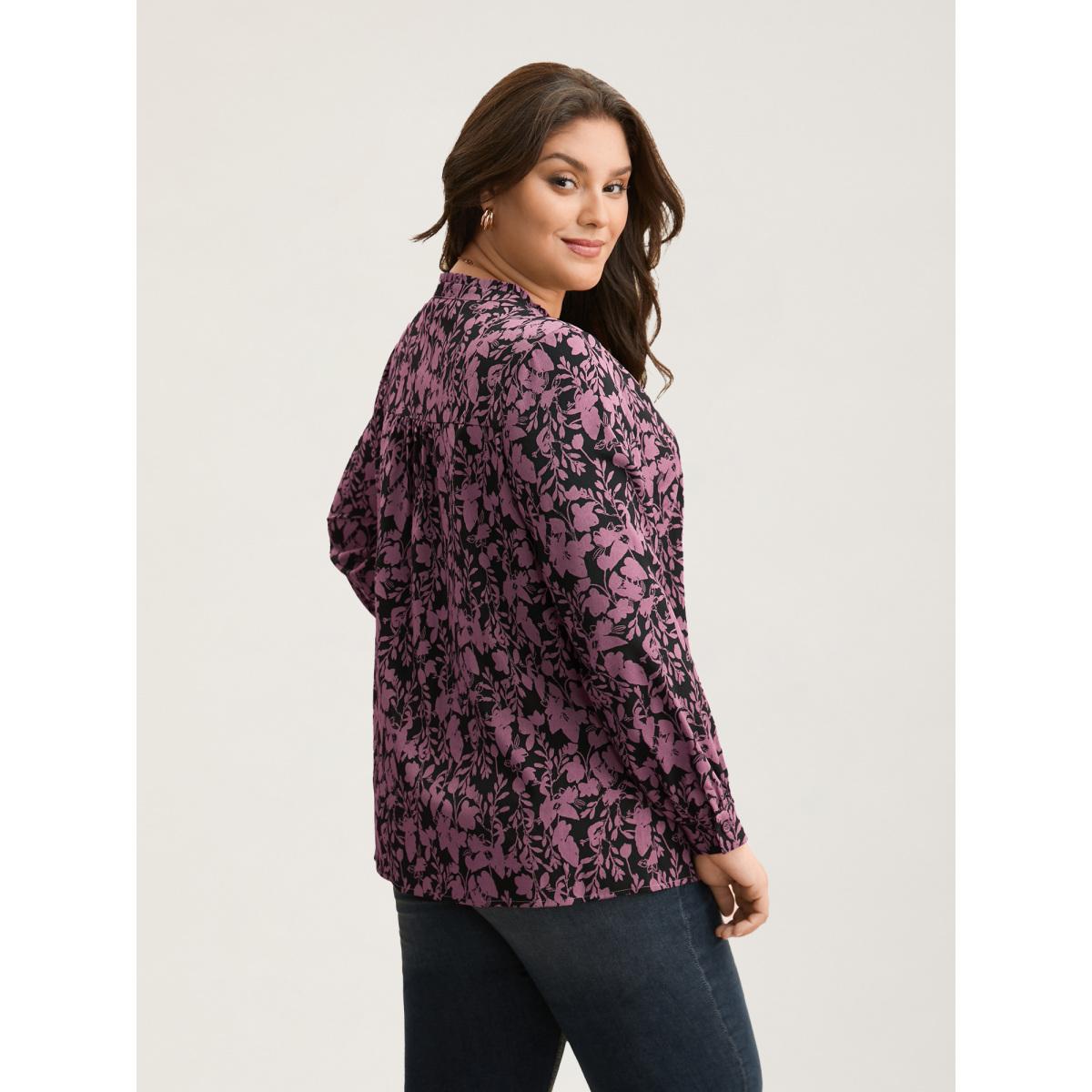 Plus Size BlackFlower Silhouette Floral Print Notched Frill Trim Blouse Women Elegant Long Sleeve Notched collar Everyday Blouses BloomChic 14-16/1X Product Image