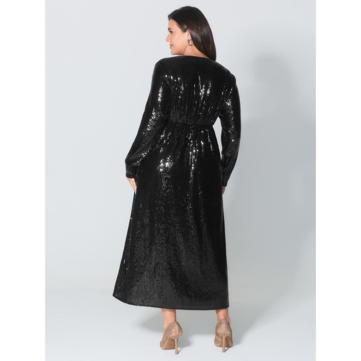 Plus Size Sparkly Sequin Waist-Defining Sheer Maxi Dress Black Women Party&Cocktail Overlap Collar Extra Long Sleeve Curvy BloomChic 26/4X Product Image