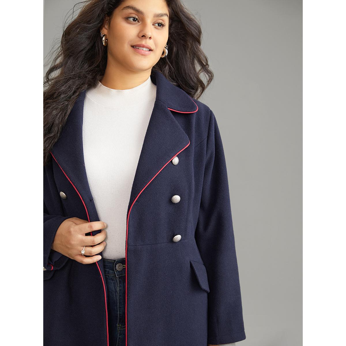 Plus Size Contrast Trim Buckle Detail Flap Pocket Lapel Collar Coat Women Indigo Casual Lined Ladies Dailywear Winter Coats BloomChic 30/6X Product Image