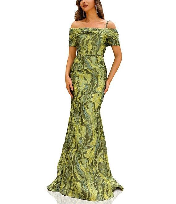 Terani Couture Off Shoulder 1 Strap Jacquard Mermaid Gown Product Image