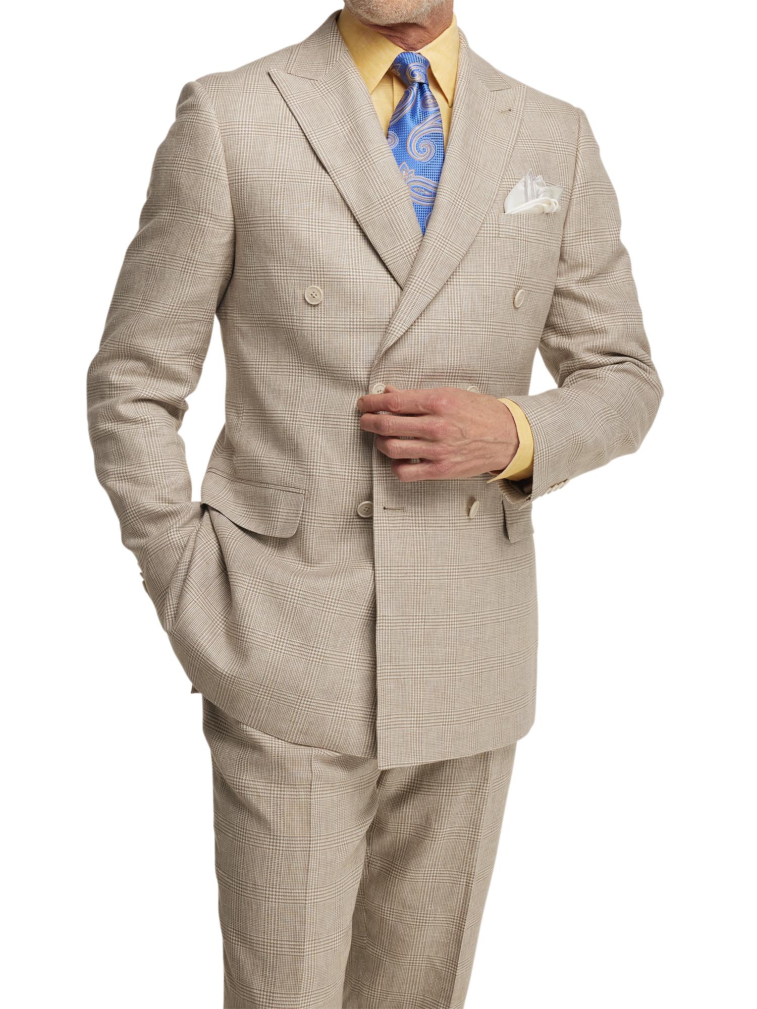 Linen Blend Plaid Double Breasted Peak Lapel Suit Jacket - Tan Product Image