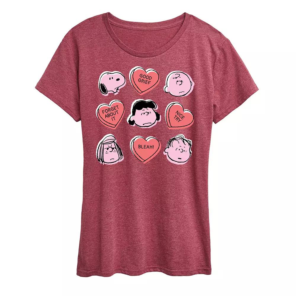 Women's Peanuts Valentine's Candy Heart Grid Graphic Tee,  Product Image
