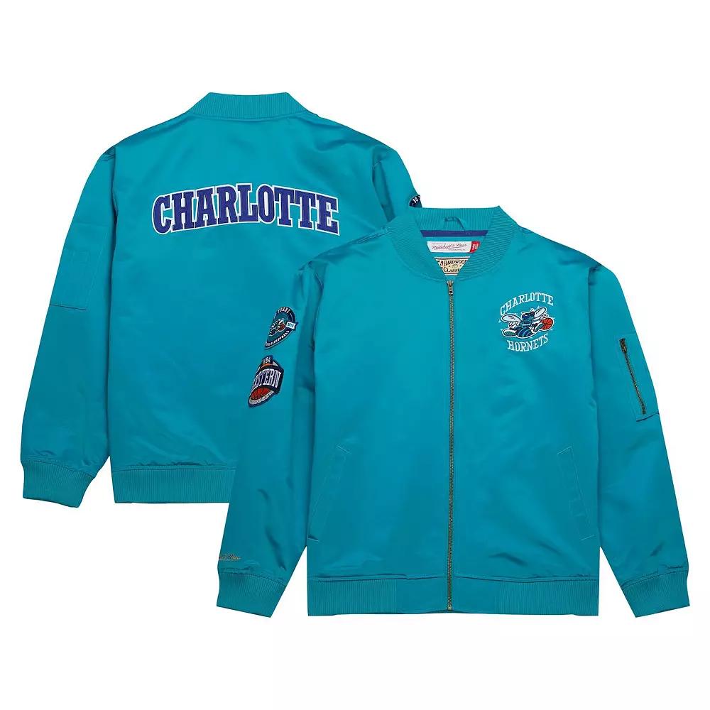 Men's Mitchell & Ness Teal Charlotte Hornets Hardwood Classics Vintage Logo Full-Zip Bomber Jacket, Size: Large, Chr Blue Product Image