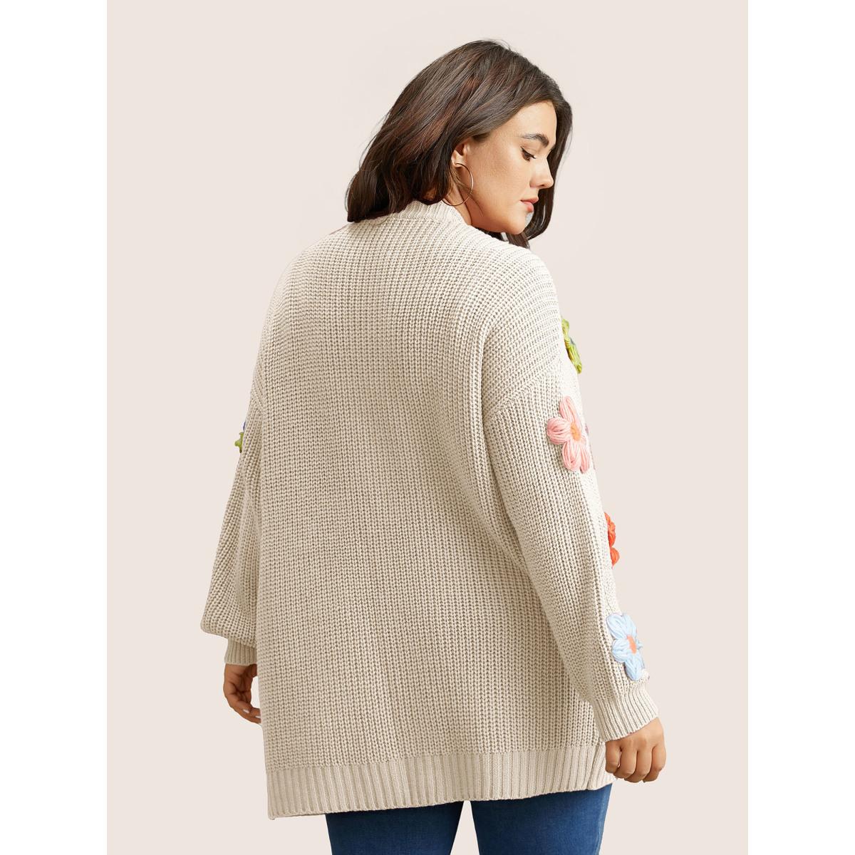 Plus Size Rainbow Floral Pocket Open Front Cardigan Beige Women Casual Long Sleeve Everyday Cardigans BloomChic 28/5X Product Image