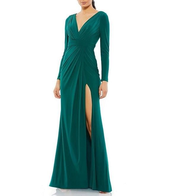 Mac Duggal V-Neck Long Sleeves Ruched Front Jersey A-Line Gown Product Image